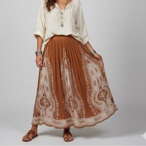 Philosophy Boho‎ Gauzy Patterned Tobacco Brown White Midi Skirt XL